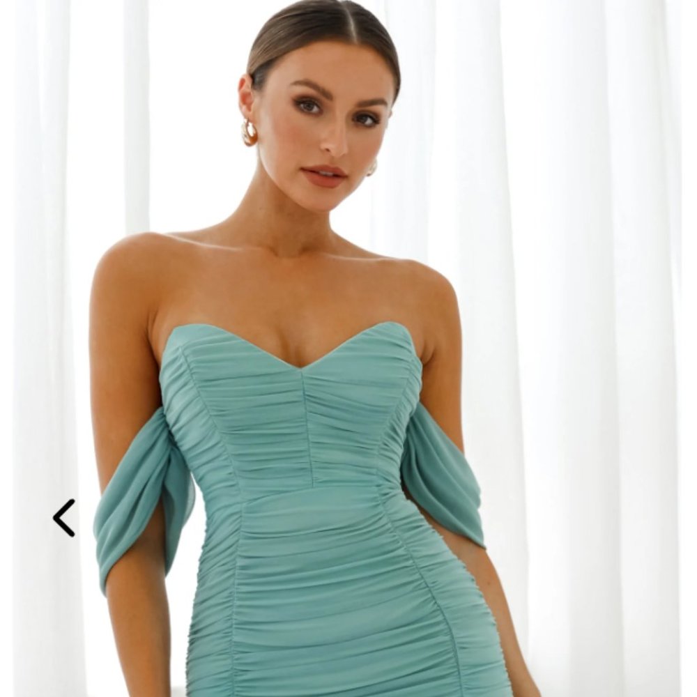 EVELINA DRAPED SLEEVE SWEETHEART NECKLINE RUCHED DRESS in SAGE